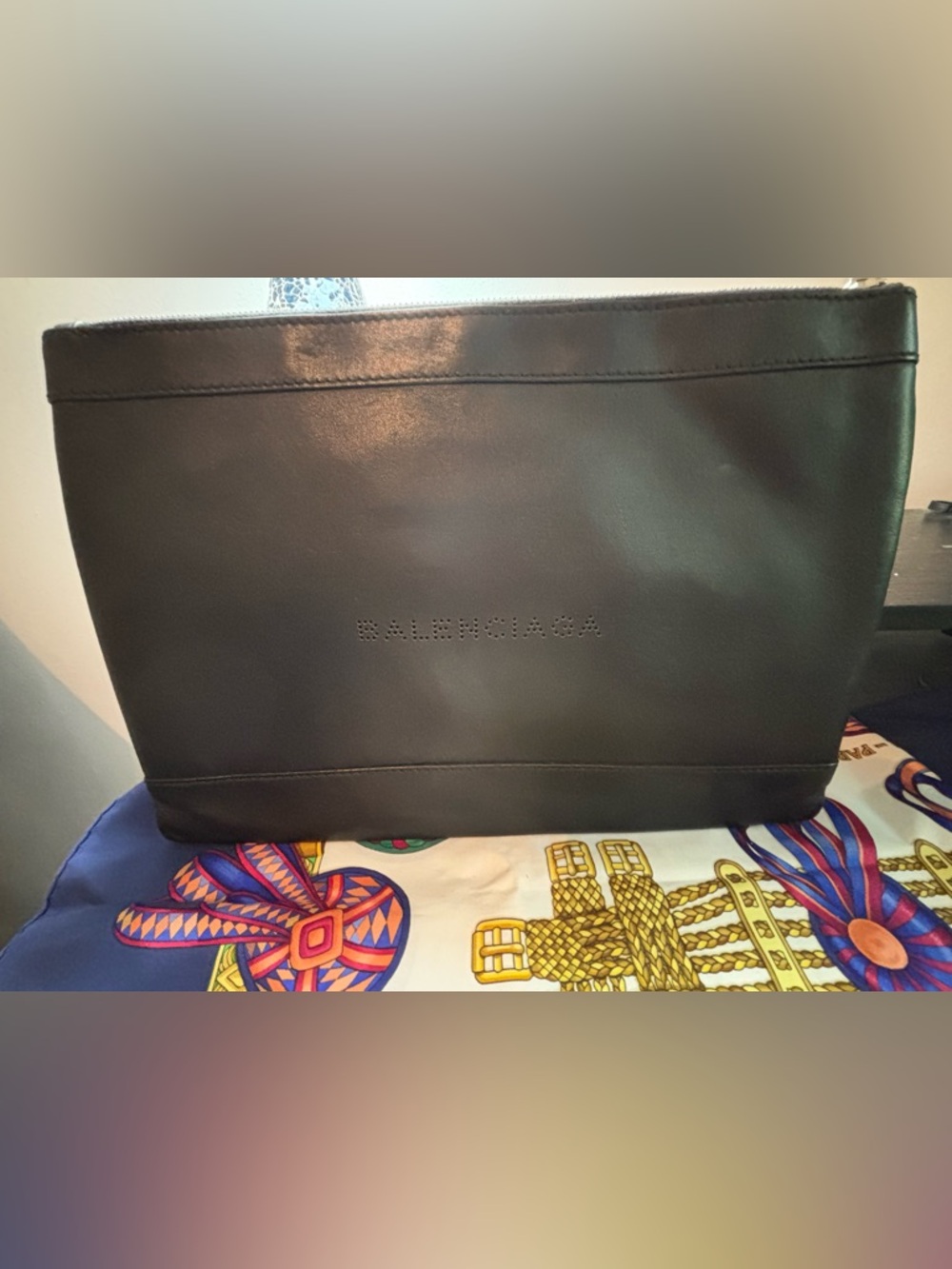 Authentic Balenciaga Navy Clip M Perforated Logo Leather Clutch-Excellent-Black